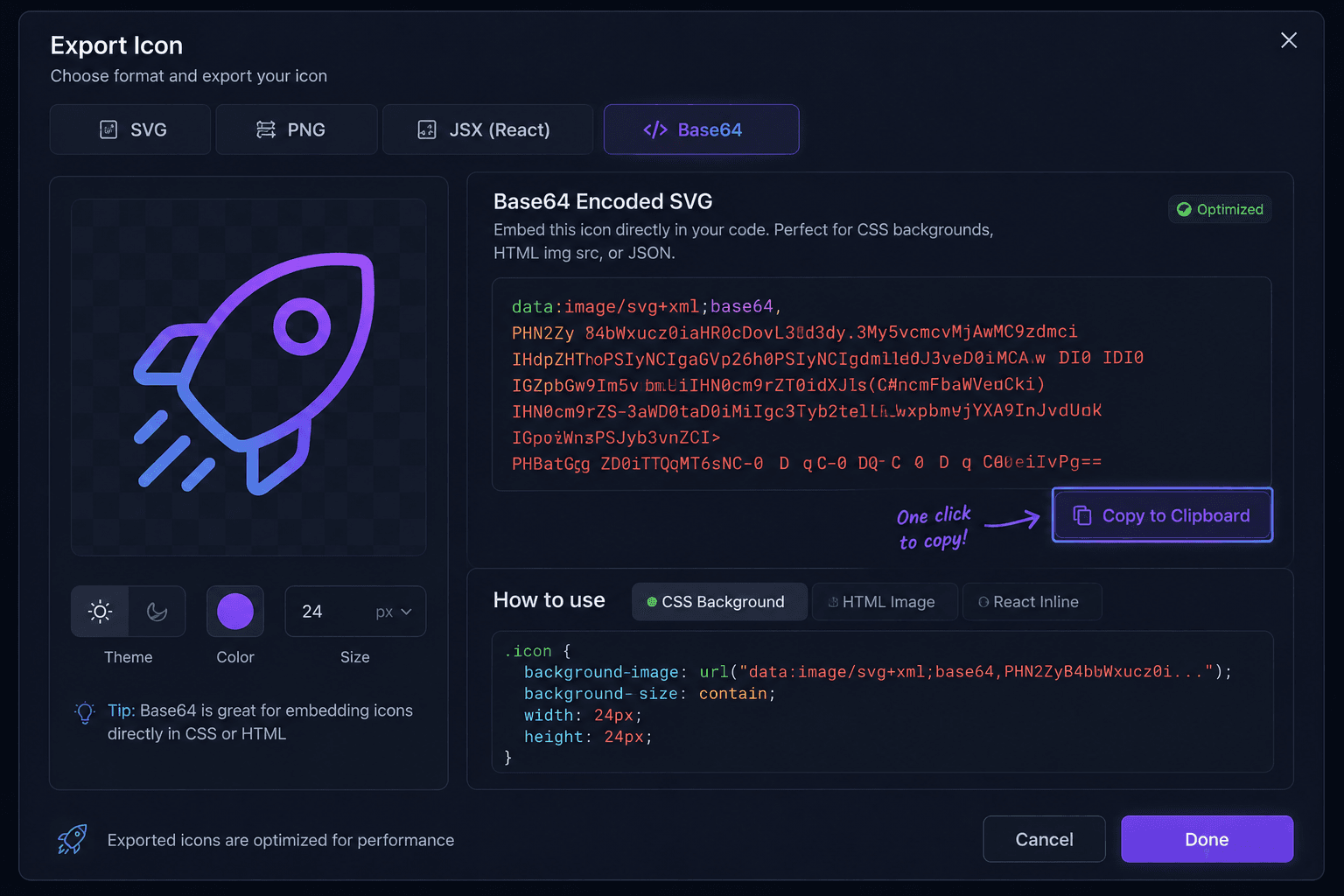 Base64 export workflow in IconVaultKit