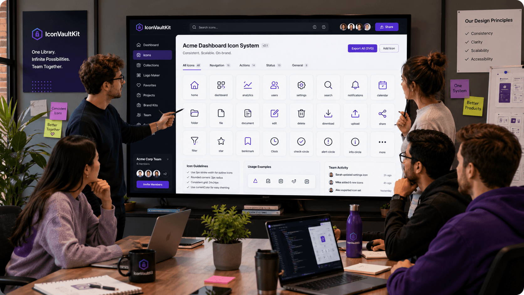 Design Team Collaborating, Sharing Customized IconVaultKit SVG Icons for a New App Build