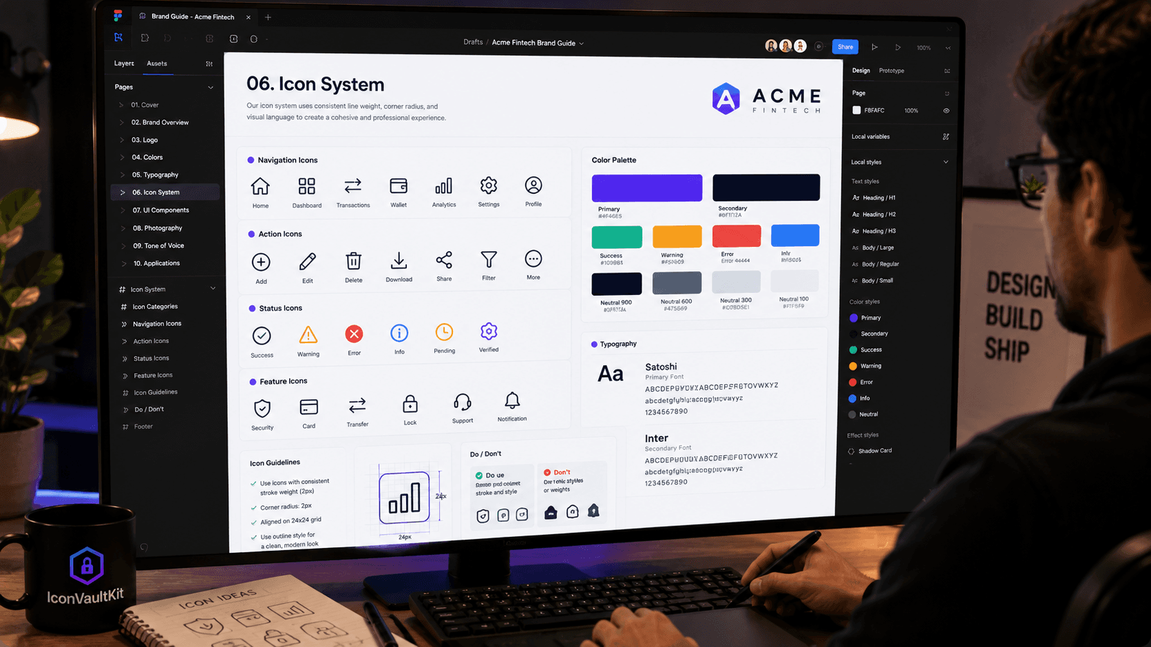 Designer Creating a Brand Guide, Easily Customizing IconVaultKit's Diverse Icons for a Client