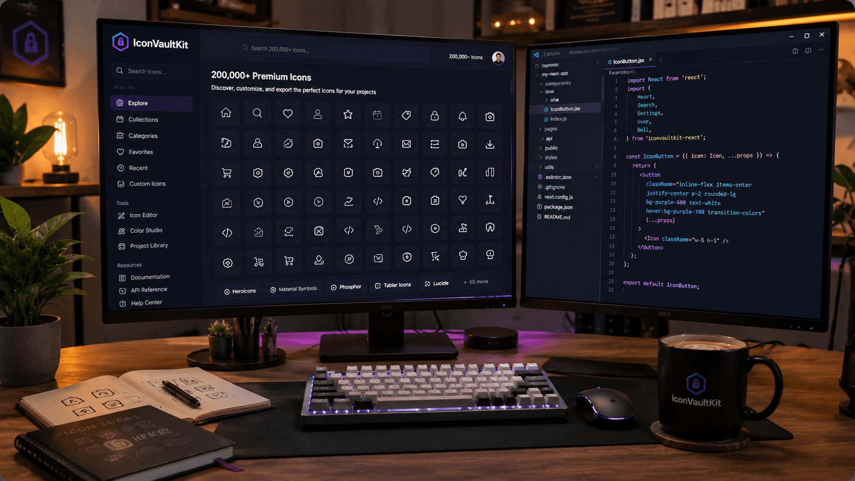 Desk Setup of a Developer, with IconVaultKit Open, Surrounded by Inspiring Tech and Sketchbooks