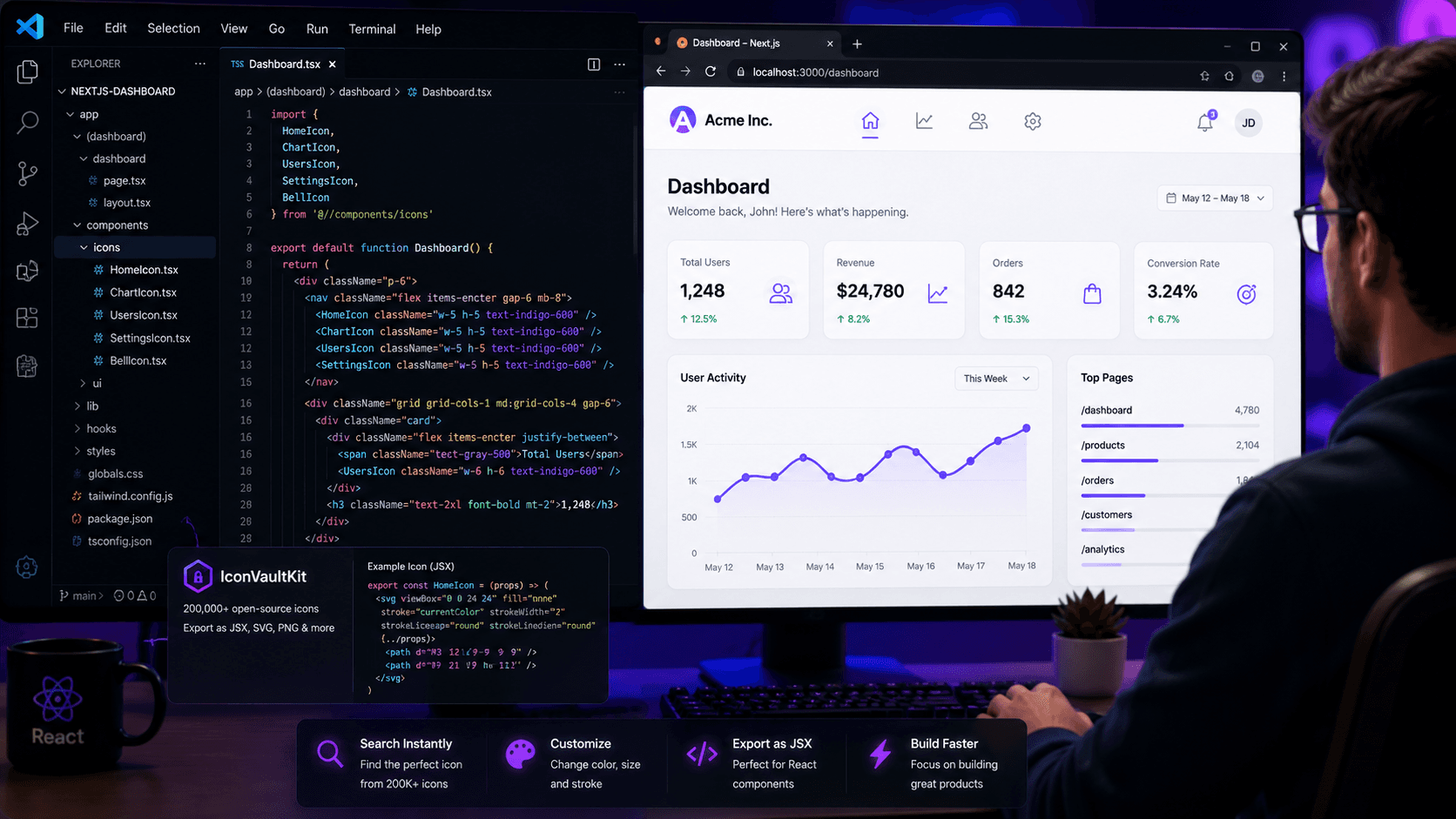 Developer Crafting a UI, Seamlessly Integrating JSX Icons from IconVaultKit