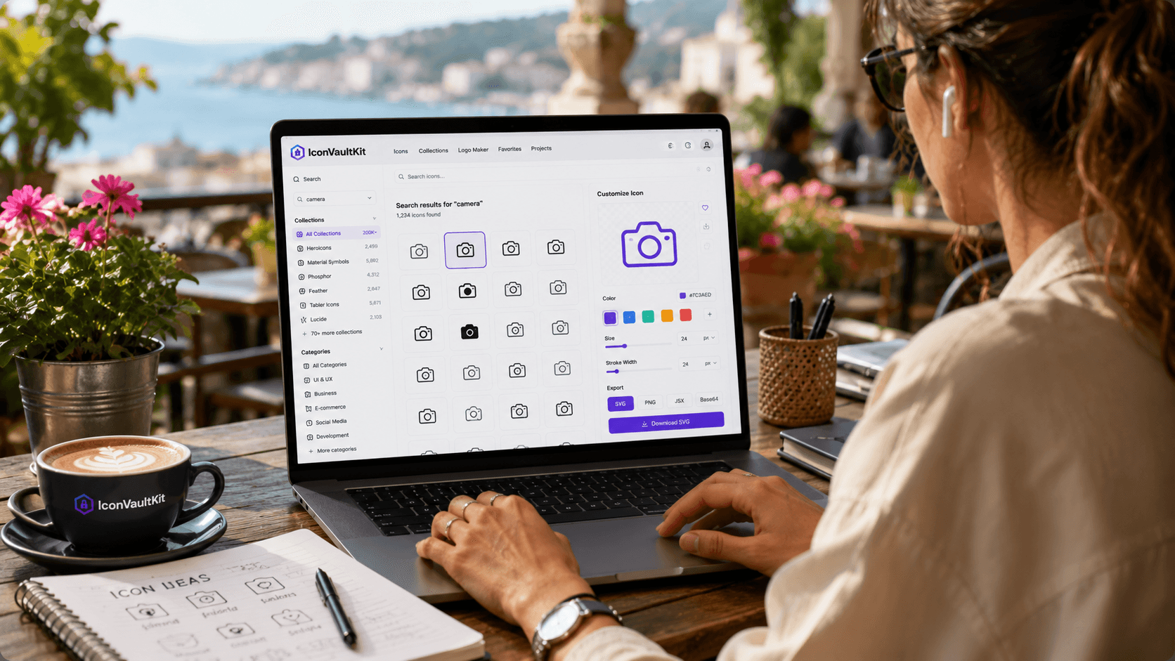Freelancer Working Remotely, Leveraging IconVaultKit for Quick Icon Creation on a Vibrant Laptop