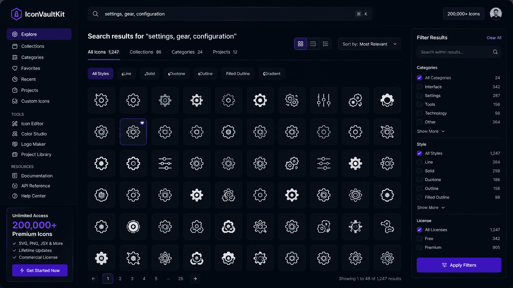 Quick Reveal: IconVaultKit's Search Function in Action, Finding 'Gear' Icons Across 200K+ Options